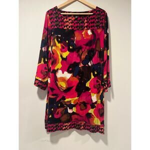 Alfani Tunic Jersey Dress Bright Abstract Watercolor Floral Red Black Sz 3X JL